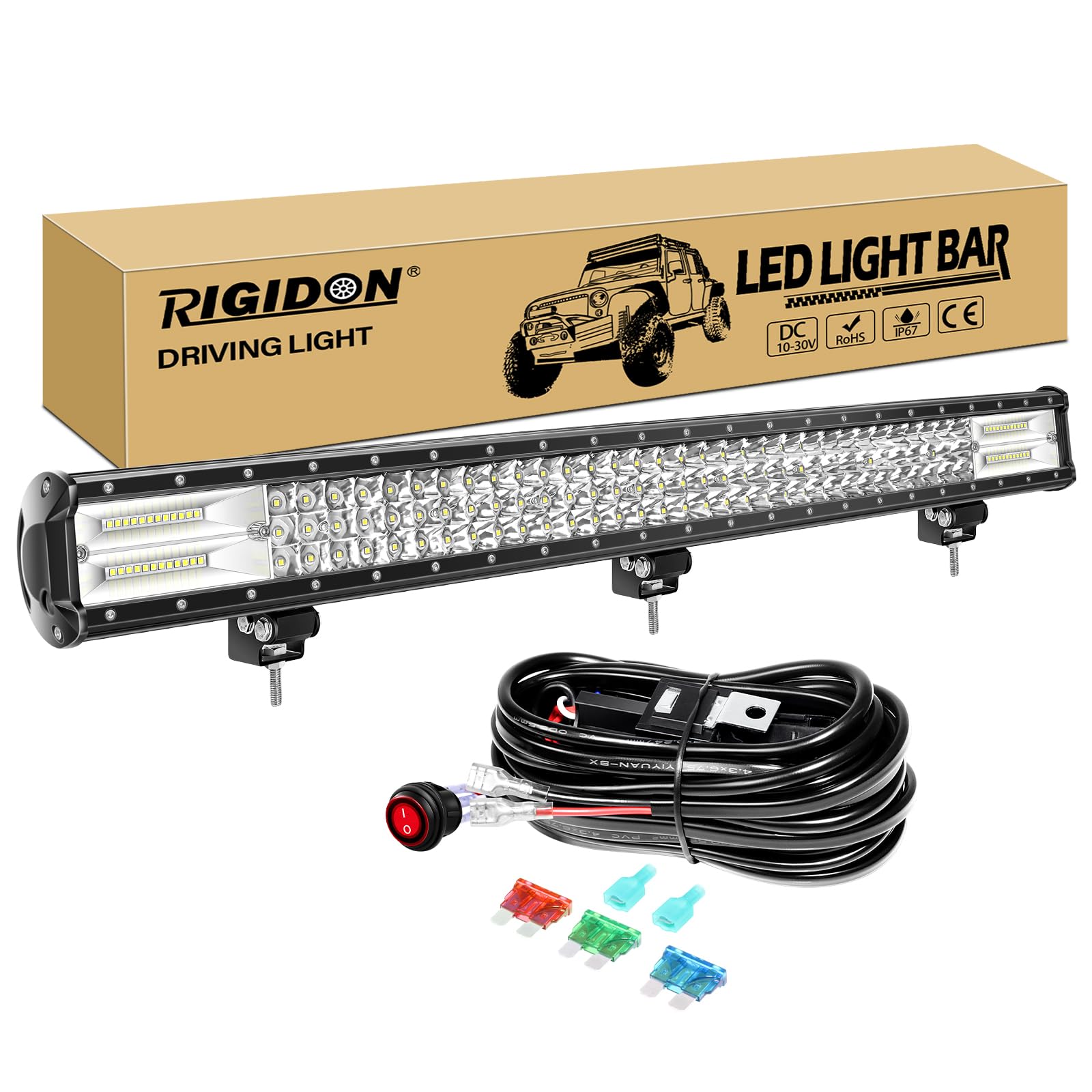 RIGIDON 34-calowy 468 W listwa świetlna LED do jazdy z zestawem kabli 12 V, trójrzędowa lampa przeciwmgielna 7D do samochodów terenowych, ciężarówek, SUV-ów, ATV 4 x 4, wiązka punktowa powodziowa,