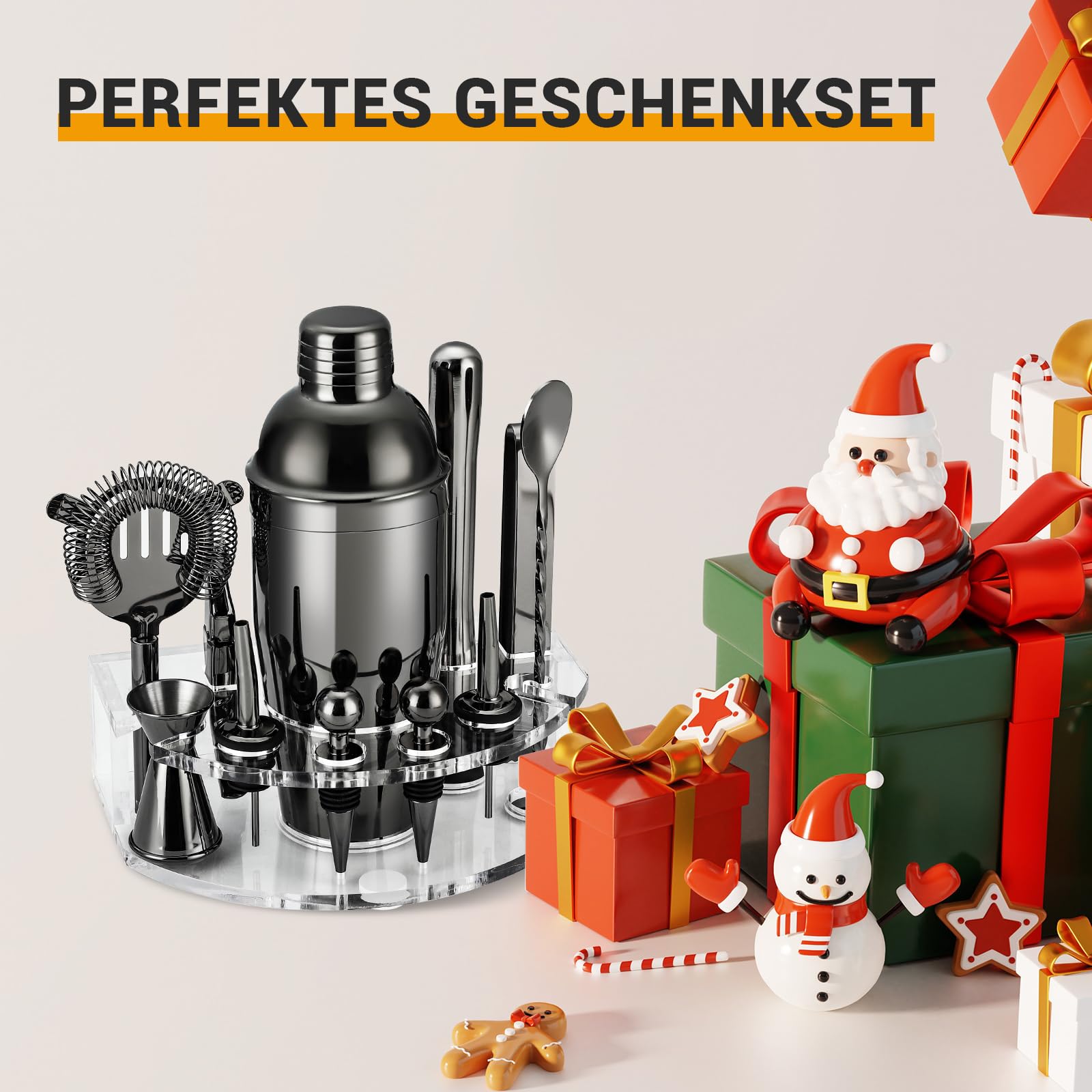 Cocktail Shaker Set, Edelstahl Cocktail Set mit 12 teiligem Bar Zubehör, 750ML Shaker Barkeeper Set mit Ständer, Cocktail Maschine Bar Set für Zuhause, Geschenke für Männer Dad Barkeeper (Schwarz)