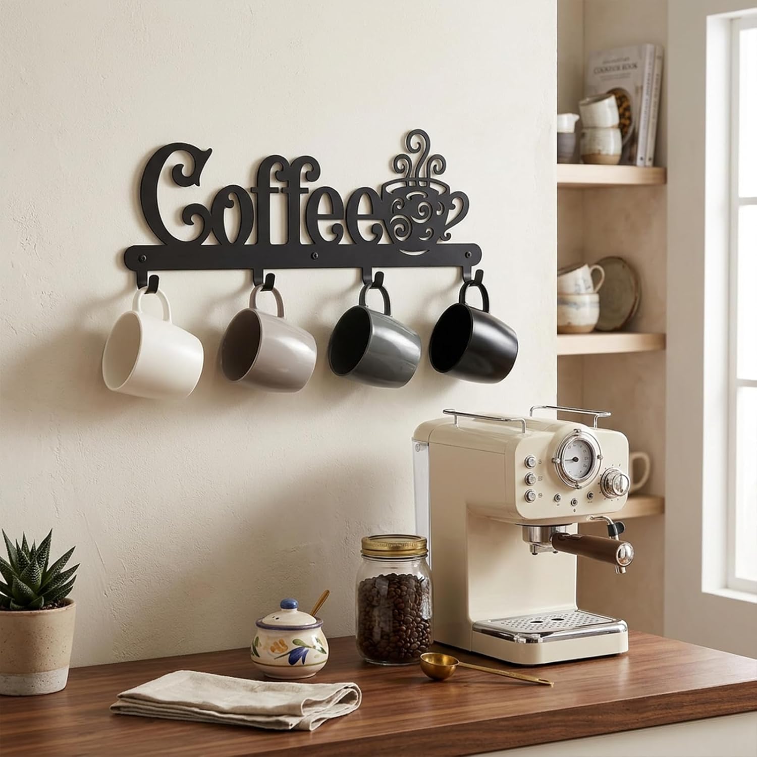 We Moment Black Metal Wall Mounted Coffee Mug Holder with 4 Hooks, Modern Coffee Sign Wall Rack for Kitchen Coffee Bar Accessories Decor