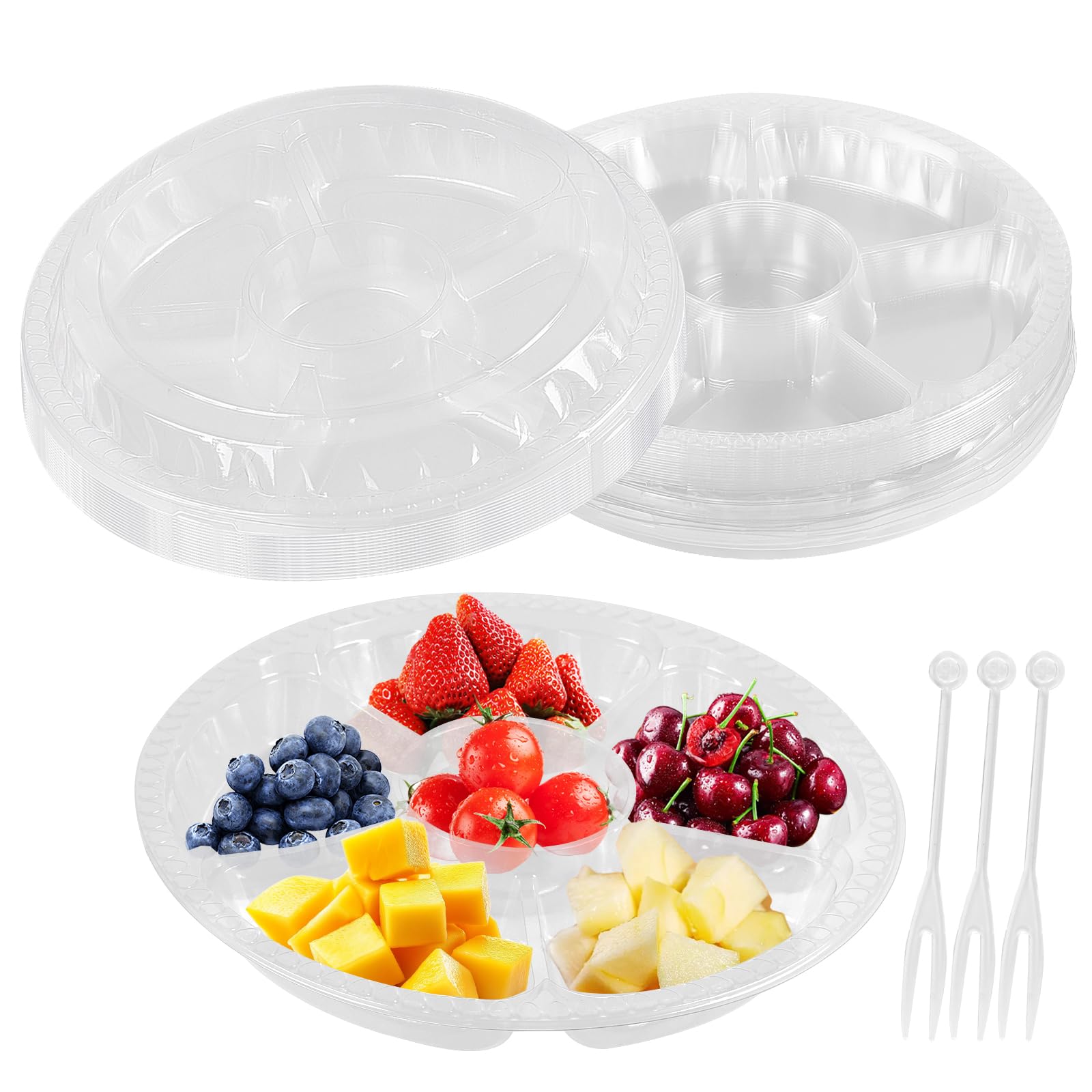PINGEUI 15 Pack Clear Compartment Serving Trays with Lids, 26.5cm Reusable Plastic Snack Tray, Round 6 Section Vegetable Platter Tray for Fruits, Vegetables, Snacks and Appetisers