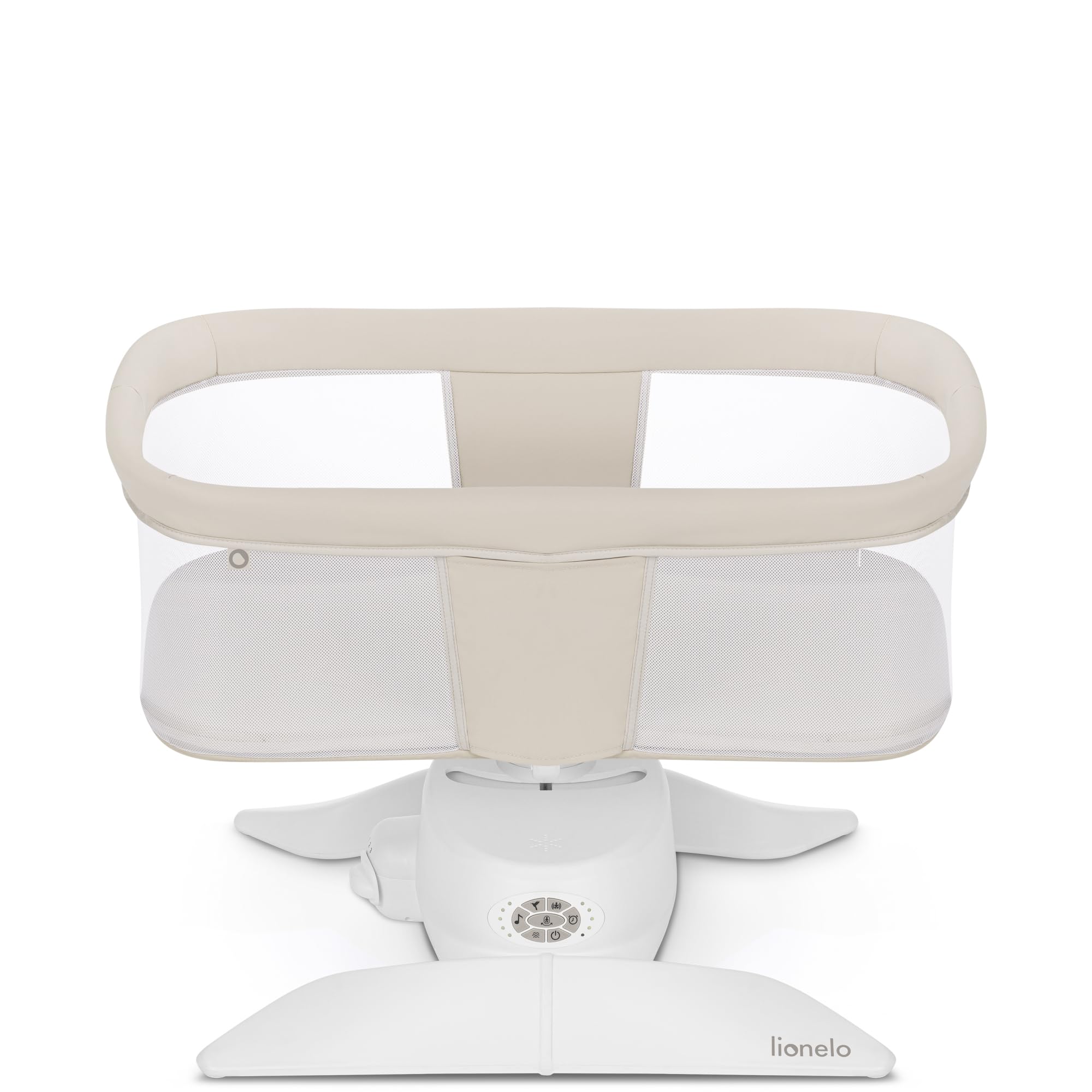 lionelo Vivi Set Balancelle Électrique 2 en 1 avec Nacelle, Jusqu’à 9 kg | Pivotement 360°, 5 Vitesses, Détecteur de Mouvement, Bluetooth, Télécommande, Timer, 12 Mélodies, Moustiquaire et Harnais