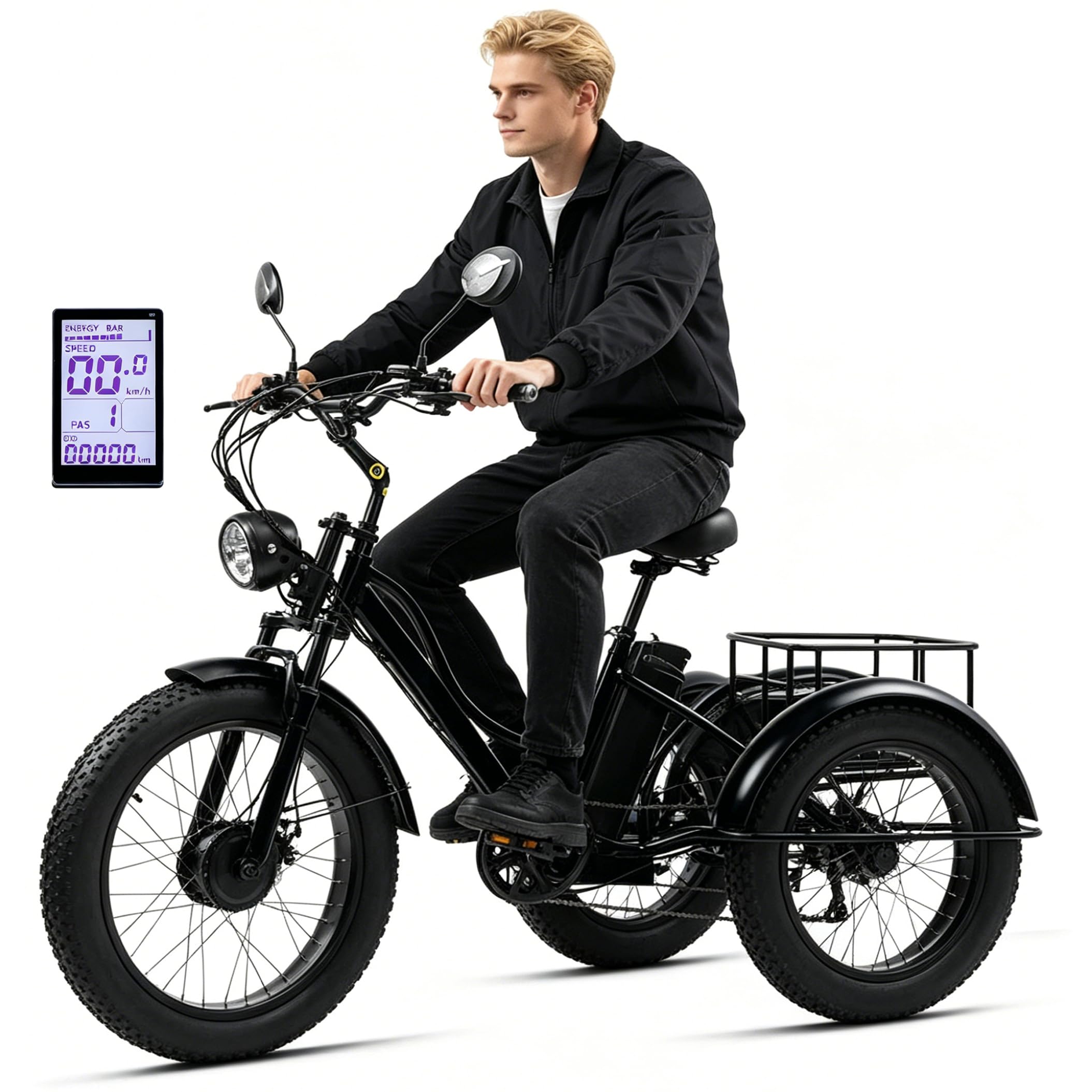 WhFKLca Fat Tyre Tricycle for Adults with Basket, 24'' Electric Tricycle with Carbon Steel Frame, Lcd-Display, Safety Horn, Led Headlight, Electric Cargo Trike for Senior, 65km Range Black1