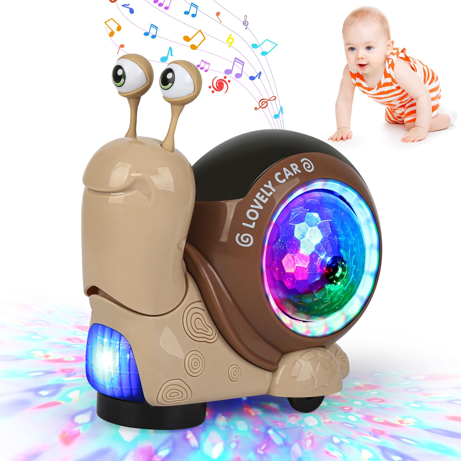 AUTOKAKUM Electric Snail Toy, Baby Toddler Luminous Snail Toy Cute Crawling Snail Toys with Music and Light Christmas Birthday Gifts for Boys Girls (Snail Brown)