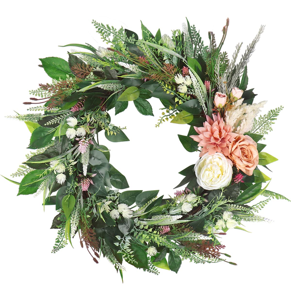Kmise 27" Spring Wreath for Front Door, Summer Winter Peony Green Leaf Wreaths for Wall Room Window Decor