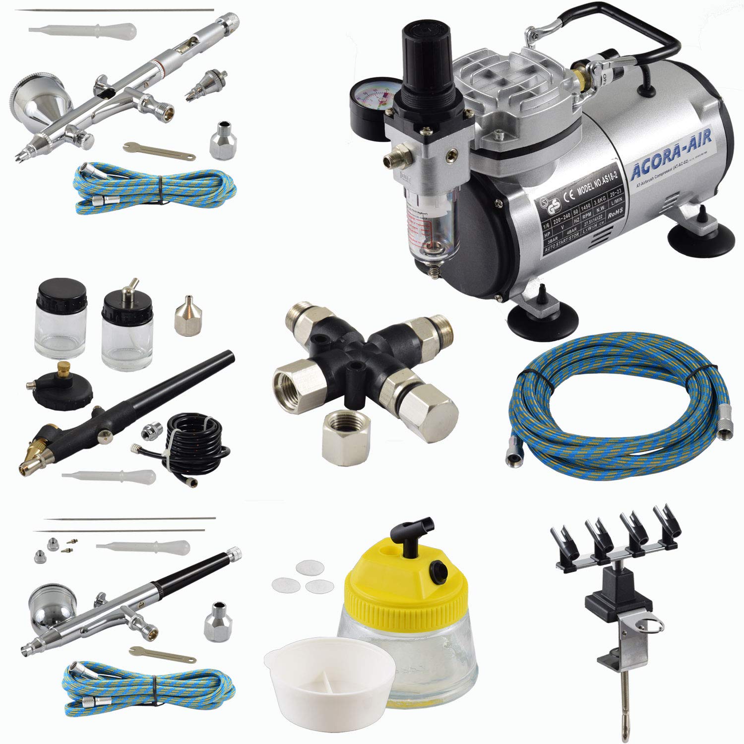 Agora-Tec® Airbrush Set EXPERT XI.13 mit Kompressor 4 bar/20 l/min + 3 Pistolen inkl. Nadeln/Düsen 0,2/0,3/0,5/0,8 mm + 3-fach Luftdruckverteiler + 4-fach Halter + Clean Pot + 3 Schläuche + Adapter