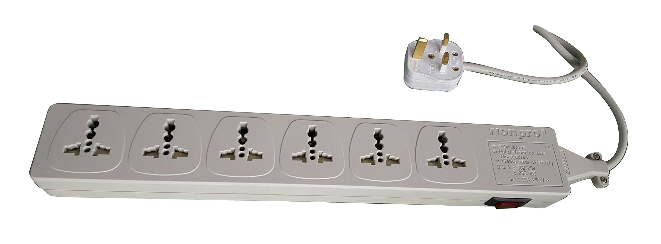 WES4-D107 Universal Power Strip 6-Outlet Surge Protector, 110V - 220V/250V