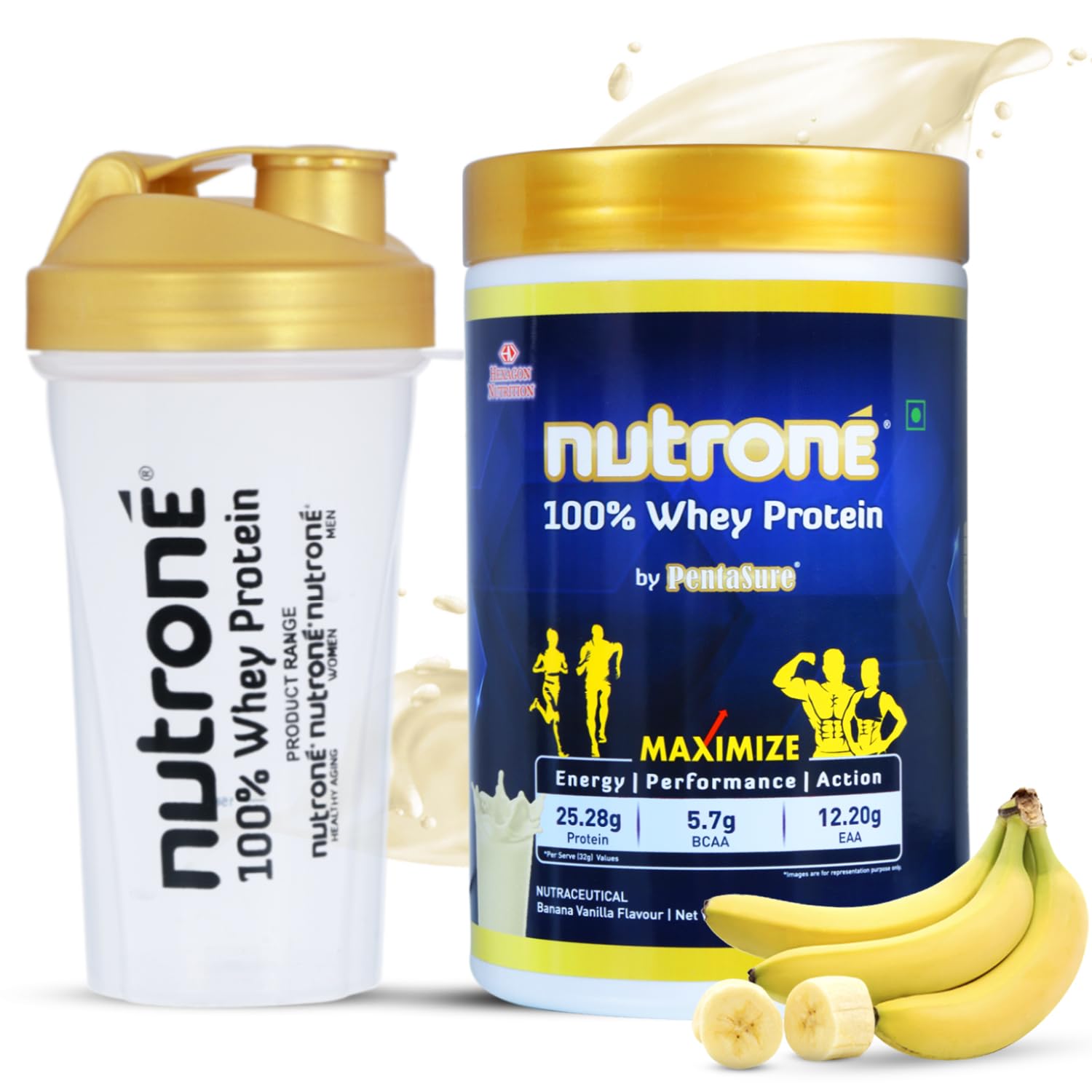 Nutrone 100% Whey Protein Powder by PentaSure | Banana Vanilla Flavour 480gm | Per Serving 25.28g Protein, 5.7g BCAA, 12.20g EAA for Gym workout and Athletic needs | with Free Shaker