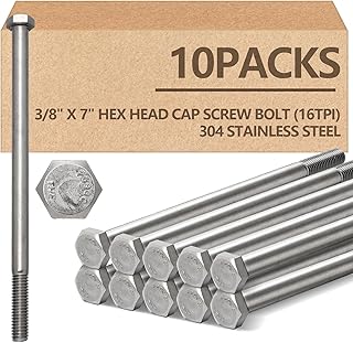 10 Pack 3/8-16 x 7'' Hex Head Cap Screw Bolt 304 Stainless Steel Half Thread External Hex Drive Screw Bolt Fastener for Wet Outdoor Metal Framing Concrete Reinforcement Railing Trellises