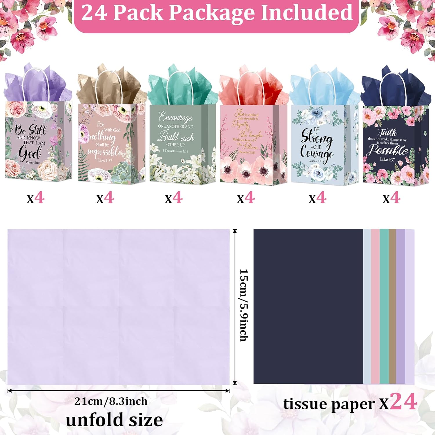 24Pcs Religious Christian Gift Bags Spring Classic Bible Verse Floral Paper Bags Inspirational Motivational Flower Treat Bag with Tissues Christian Church Gifts for Women Wedding Baptism Birthday Part - Image 2