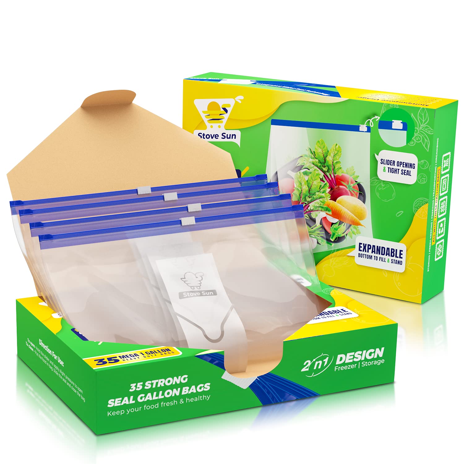 Stove Sun™ 35 Large Reusable Ziplock Bags | Expandable Bottom Stand and Fill Food Storage Bags | BPA Free, 1 Gallon (4.55L), W28.8 x L30.6+3cm bottom