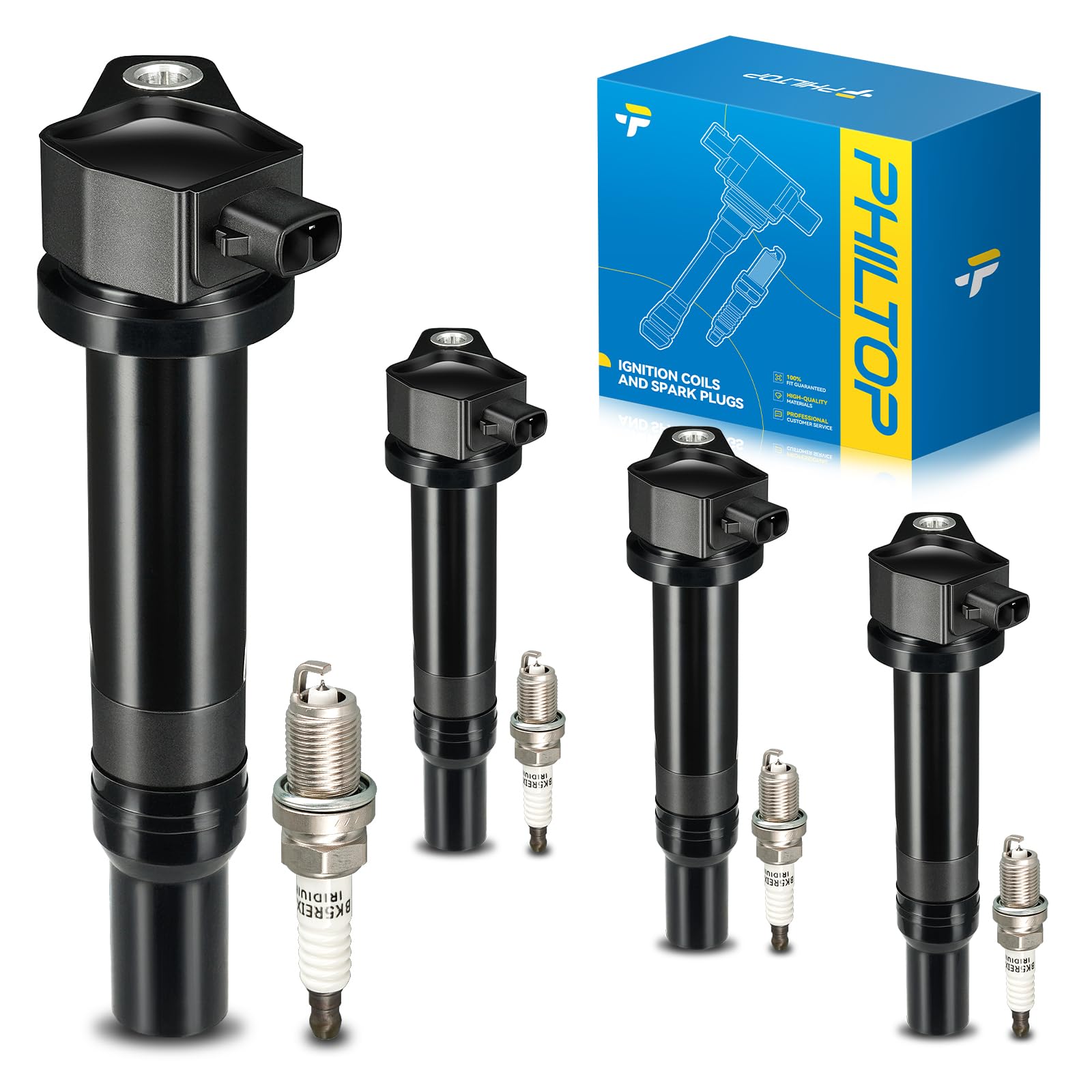 PHILTOP UF499 Ignition Coil Pack and Spark Plugs Kit Fits for Hyundai 2006-2011 Accent, Kia 2006-2011 Rio, Kia 2006-2011 Rio5, 4PCS