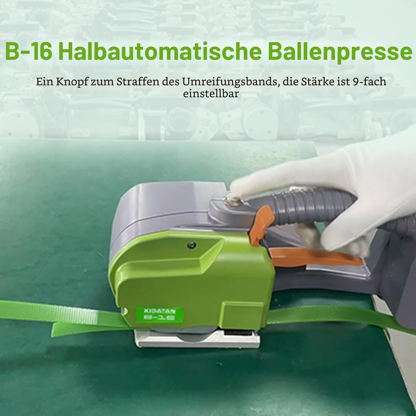 GOYOJO Elektrische Umreifungsmaschine, Batteriebetriebene Ballenpresse für PP/PET Gurt 9-16mm 60-3200N