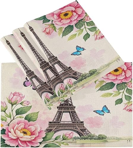 Miniatura 3 de Custom Peach Flowers Romantic Eiffel Tower Table Plate mat Rustic placemats Washable Plastic Set 6 12 x 18 manteles para comedor