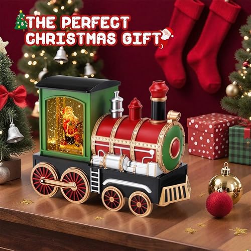 Miniatura 6 de Globo de nieve de tren musical de Navidad con escena de Papá Noel, decoración navideña LED retro con 8 canciones navideñas, lentejuelas mágicas y