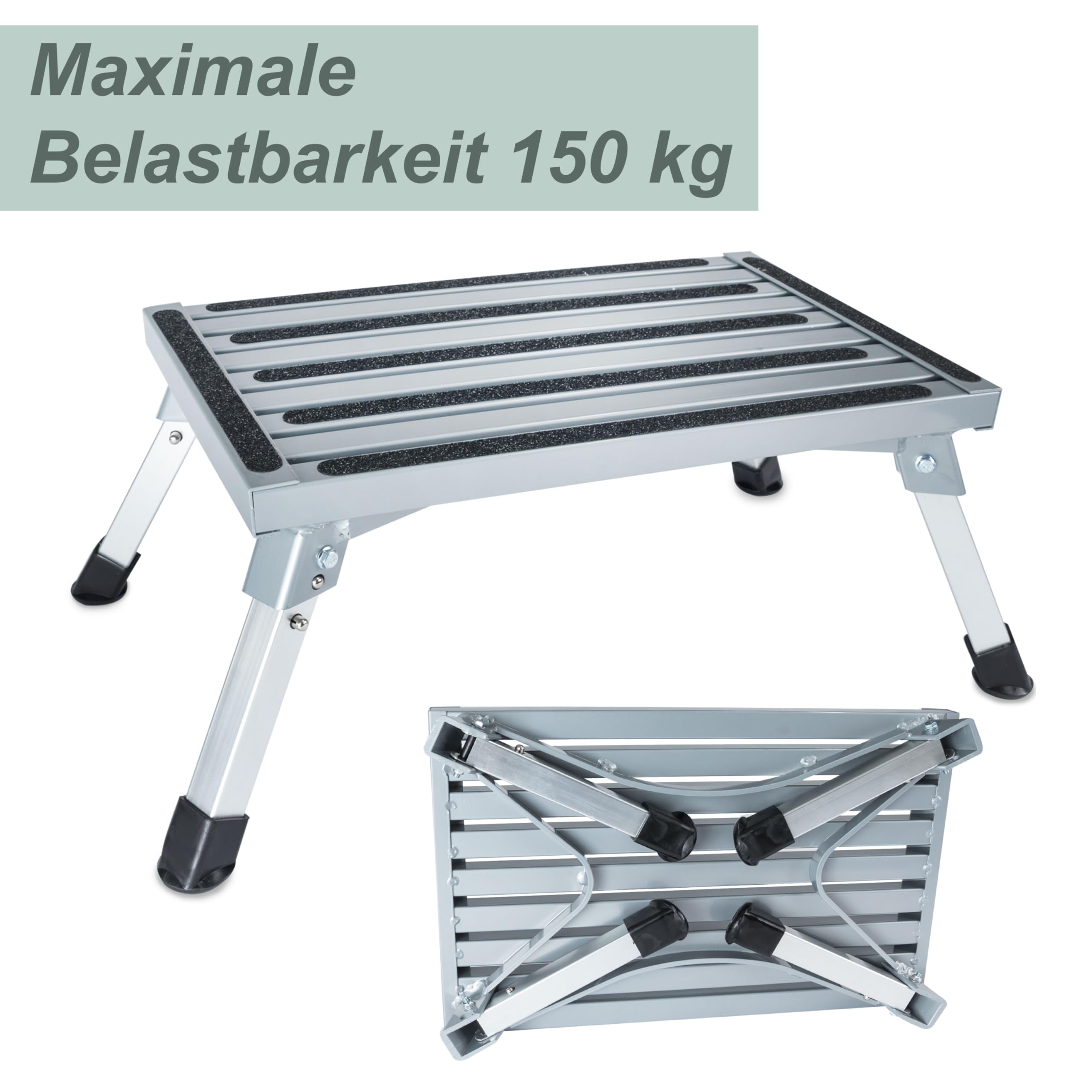 Caravan Trittstufe Klappbare Stufe aus Aluminium bis zu 150kg belastbar mit Anti-Rutsch-Trittfläche Einstiegshilfe Einzeltritt Faltbar Wohnwagen Wohnmobil Fußbank Tritt