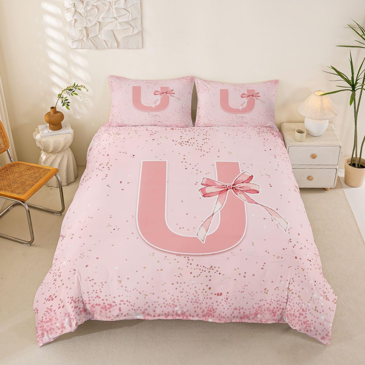 jejeloiu Cute Bow Duvet Cover Toddler Size Initial Letter Comforter Cover for Boys Girls Dreamy Princess Bedding Set 2Pcs Room Decor