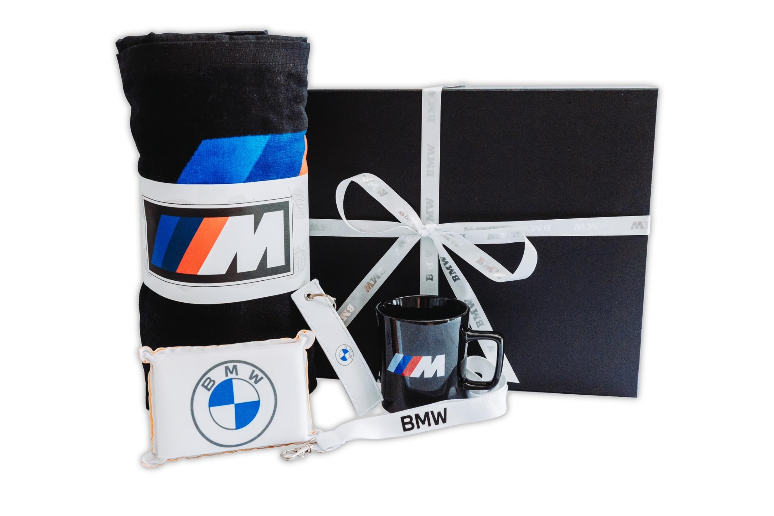 BMW Set de regalo de 5 piezas en caja de regalo exclusiva, esponja de disco, cordón textil, paño de algodón, taza M, caja de cierre magnético de alta calidad, toalla