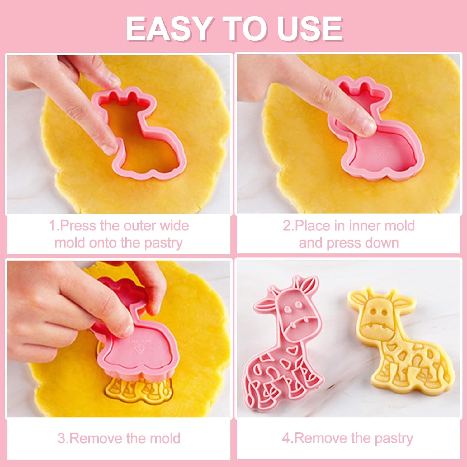 8 Pcs Cookie Cutters, 3D Cookie Cutter with Plunger Stamp, Animal Shape Molds, Embossing Plastic Biscuit Cutter Set for Kids Fondant Cookie Baking Cake Decorations Birthday Party Supplies - Image 3