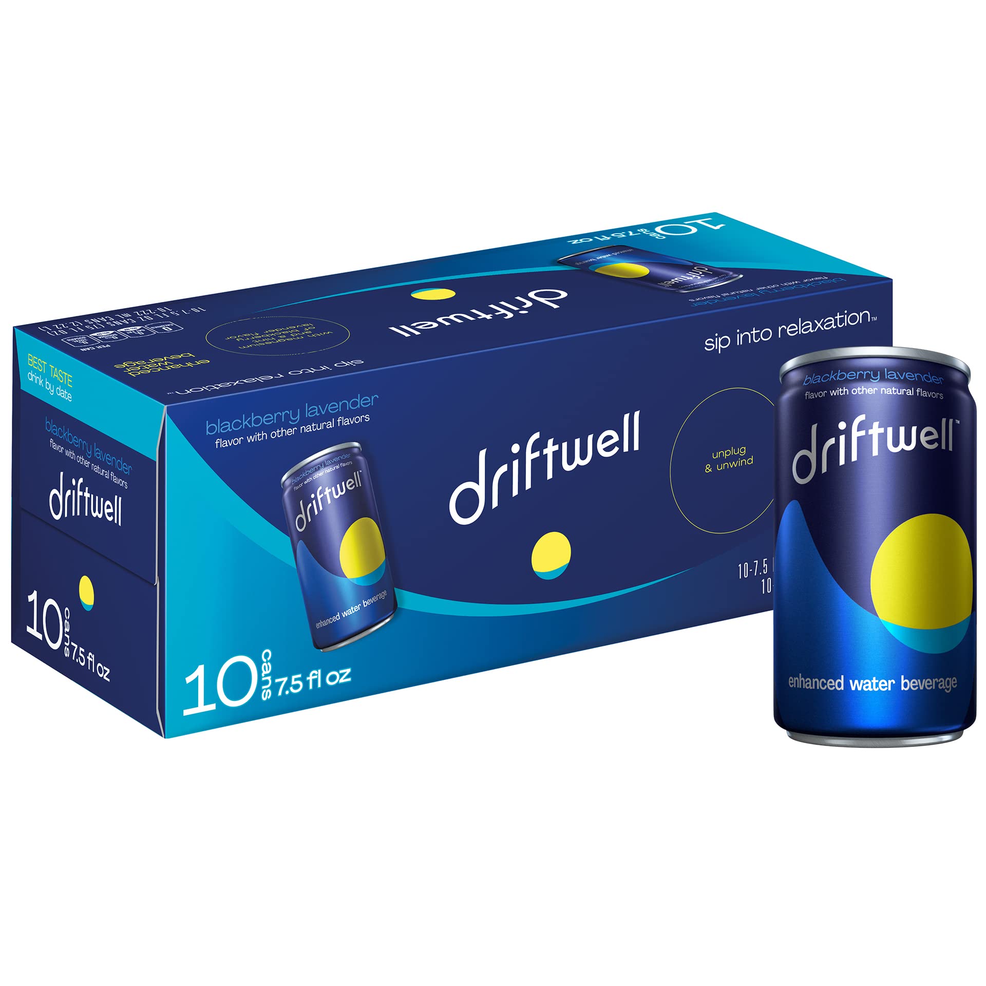 Driftwell, Sip into Relaxation, Enhanced Water Beverage With L-Theanine to help promote relaxation, Magnesium, Blackberry Lavender, 7.5oz Cans, 10 Pack
