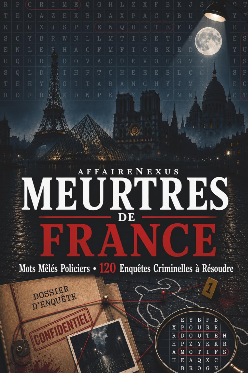 Meurtres de France: Mots Mêlés Policiers — 120 Enquêtes Criminelles à Résoudre | Trouvez le Tueur, la Scène de Crime et l'Arme | Livre-Jeu de Déduction & Casse-Tête pour Adultes (avec solutions)