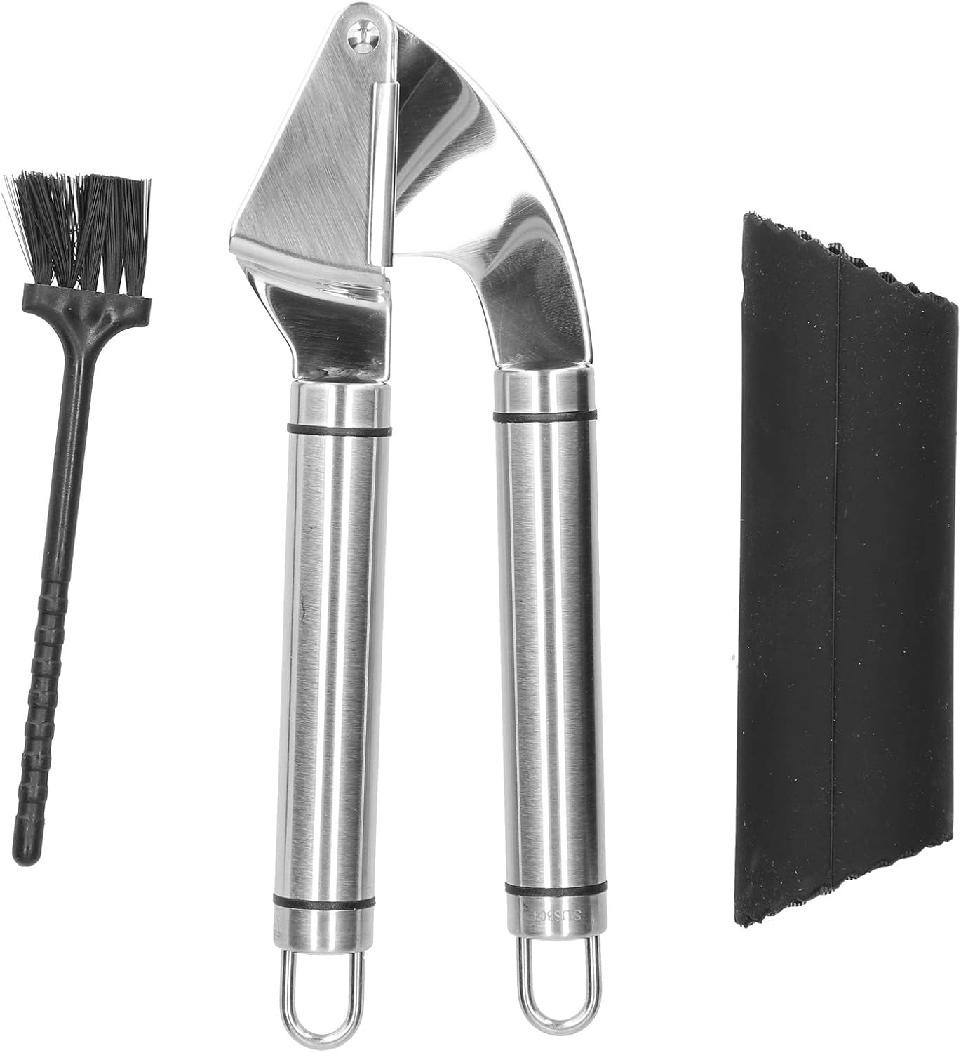 Garlic Press Stainless Steel Heavy Duty Professional Grade Rust Proof Kitchen Tool for Home Chefs 304 Stainless Steel Mirror Finish 12.5cm 19.5cm Includes Brush and Peeler