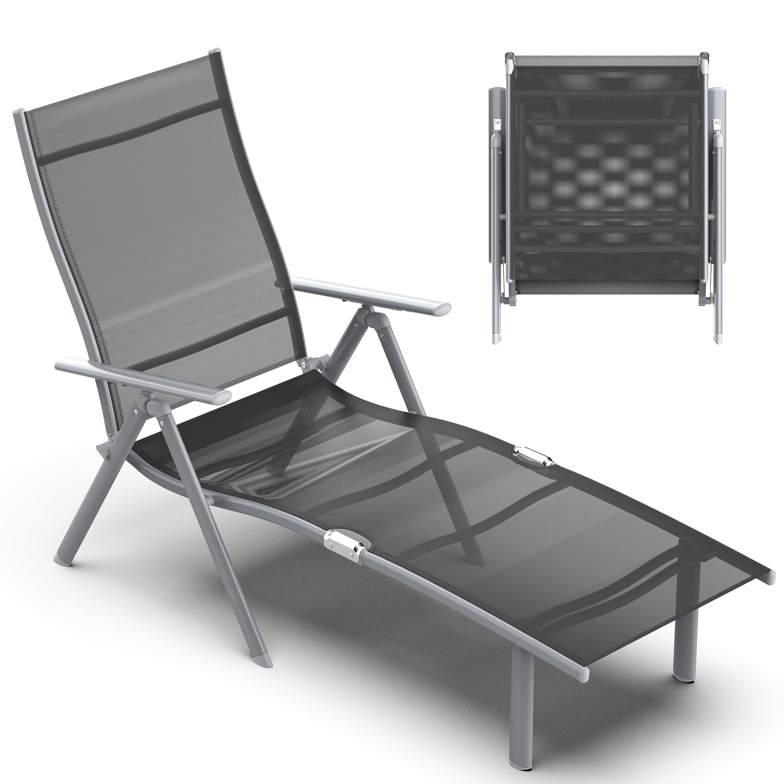 Verdego Sonnenliege Klappbar, Gartenliege Wetterfest, Liegestuhl mit Kopfkissen, 7 Fach Verstellbare Rückenlehne, Strandliege bis 150 kg Belastbar, Balkon Liege, 62x137x36-94.5CM, Schwarz
