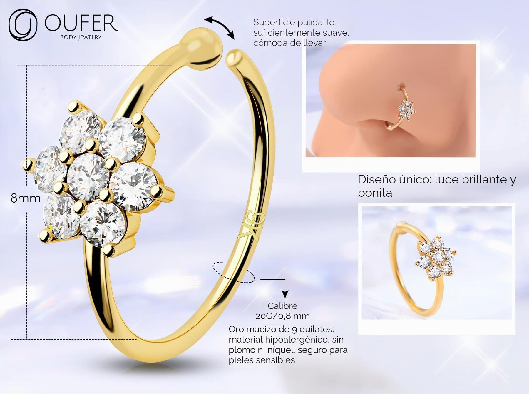 OUFER 9ct Oro Piercing Nariz Ring Hoop 20G 0.8mm Solid Nostril Earring 2mm CZ cartílago Pendiente Anillo Helix Hoop Tragus Trago Rook Cartilage Joyas Mujer Gift 8 mm