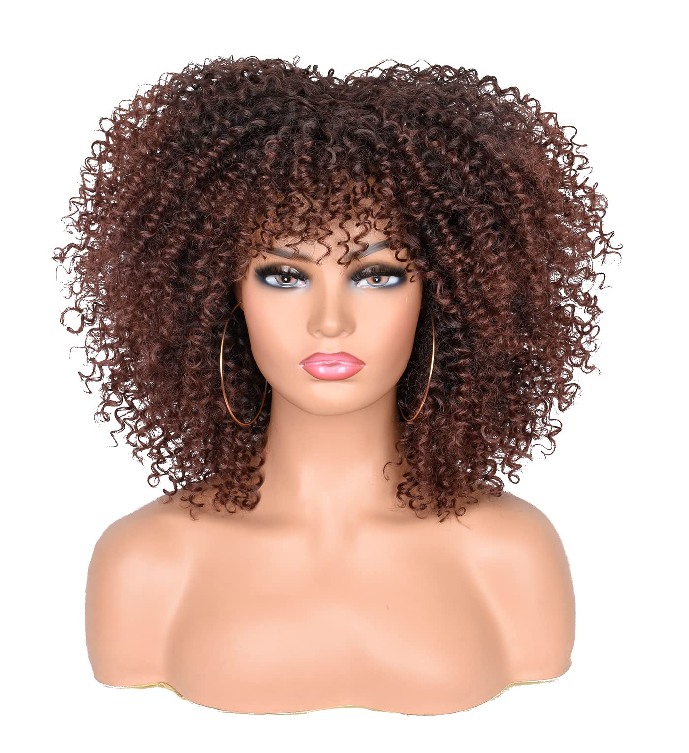 CoCrowns 10Inch Short Curly Afro Wigs with Bangs Bomb Afro Kinky Curly Wig for Black Women Synthetic Fiber Full Wig (Dark Brown)