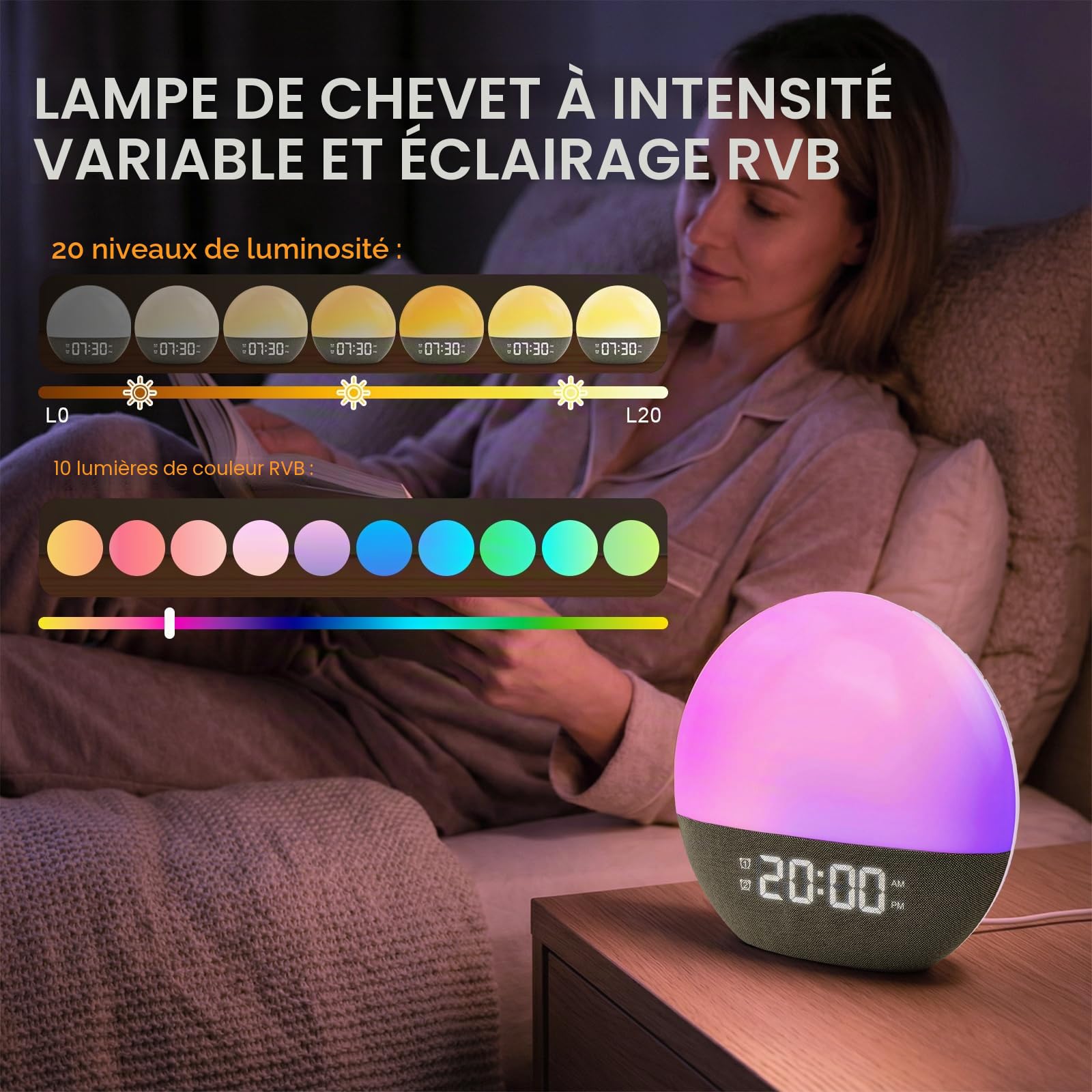 Reveil Lumineux,Reveil simulateur d'aube,Réveil luminothérapie,Sunrise alarm clock,Simulateur d'Aube et Crépuscule,20 Niveaux de Luminosité,24 Sons Naturels,Pour Ambiance Adultes et Enfants