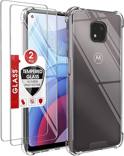 KIOMY Funda transparente para Motorola Moto G Power 2021 con 2 protectores de pantalla de vidrio templado, parte trasera híbrida de policarbonato