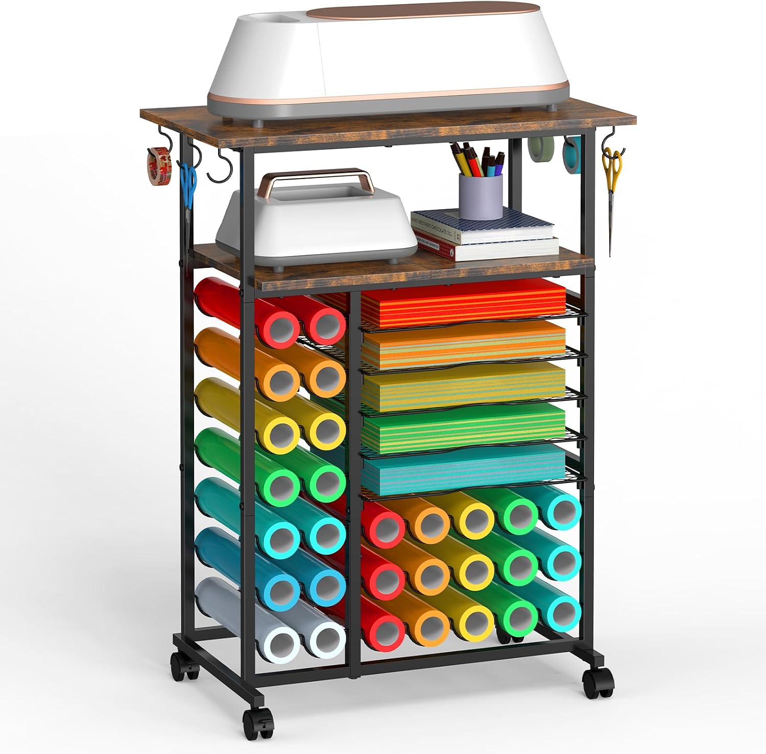 SHINOSKE Rolling Craft Storage Cart with 29 Vinyl Roll Holders & 6 Hooks,Compatible with Craft Cutting Machines,Multi-Tier Small Craft Table for Craft Supplies & Accessories,Heat Press,Rustic Brown