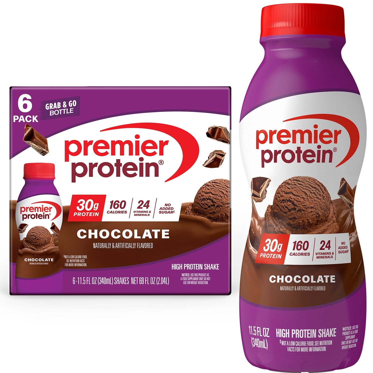 Shake, Chocolate, 30g Protein, No Added Sugar, 24 Vitamins & Minerals to Support Immune Health, 11.5 fl oz, 6 Pack (Packaging May Vary)