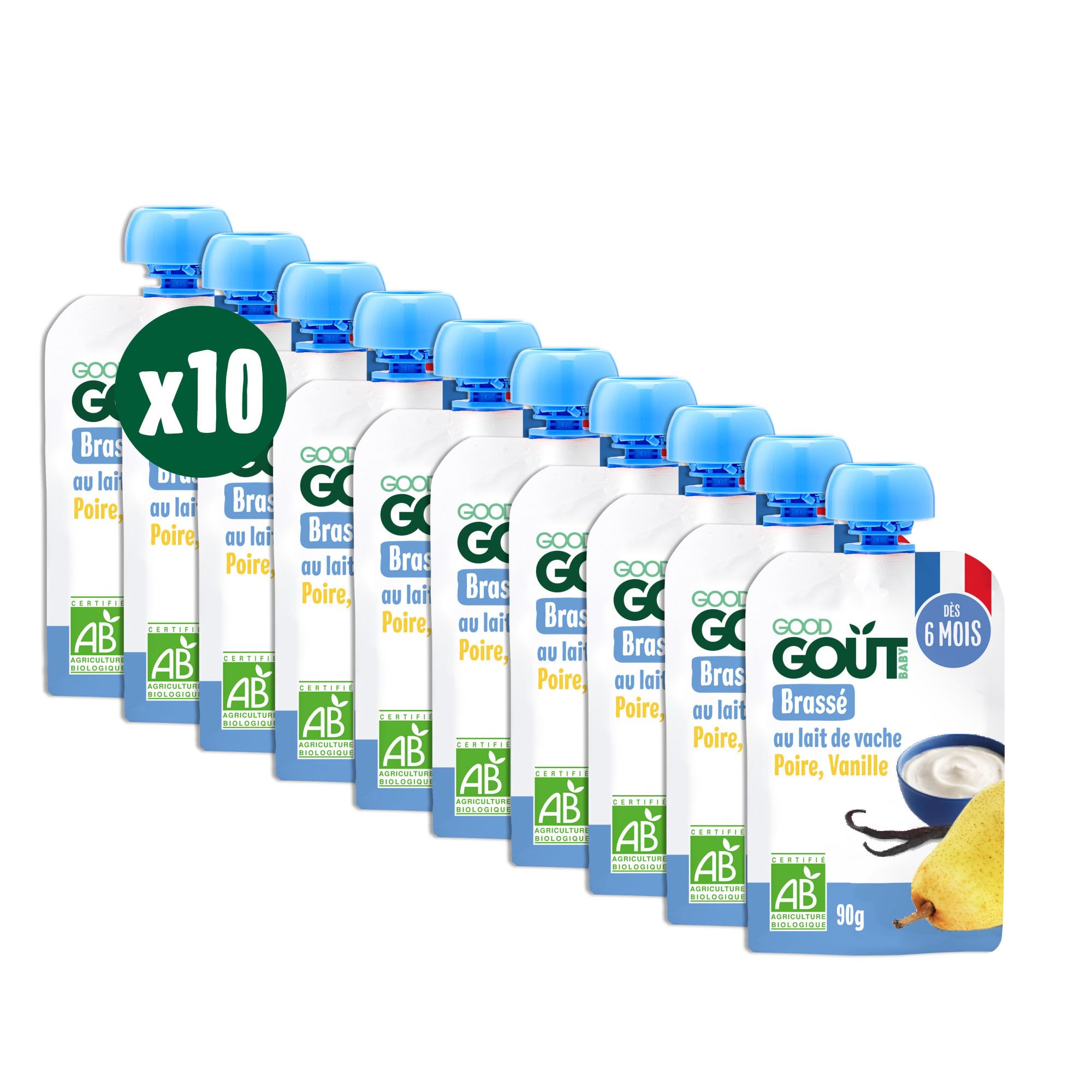 GOOD GOÛT Brassé Au Lait De Vache Dessert Bébé Dès 6 Mois Poire Vanille Sans Sucres Ajoutés Format Nomade 10x90g