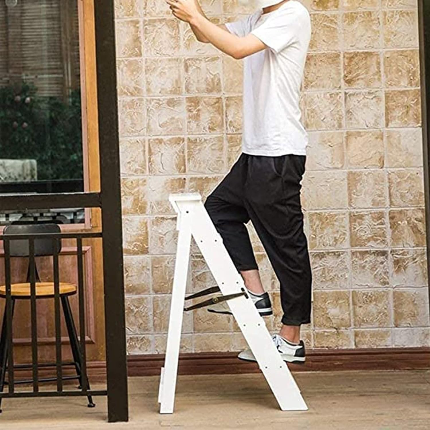 White Wood Folding Ladder Chair Rack Multifunction Bookshelf Plant Stand Household Step Ladder Stools for Kitchen Office Library