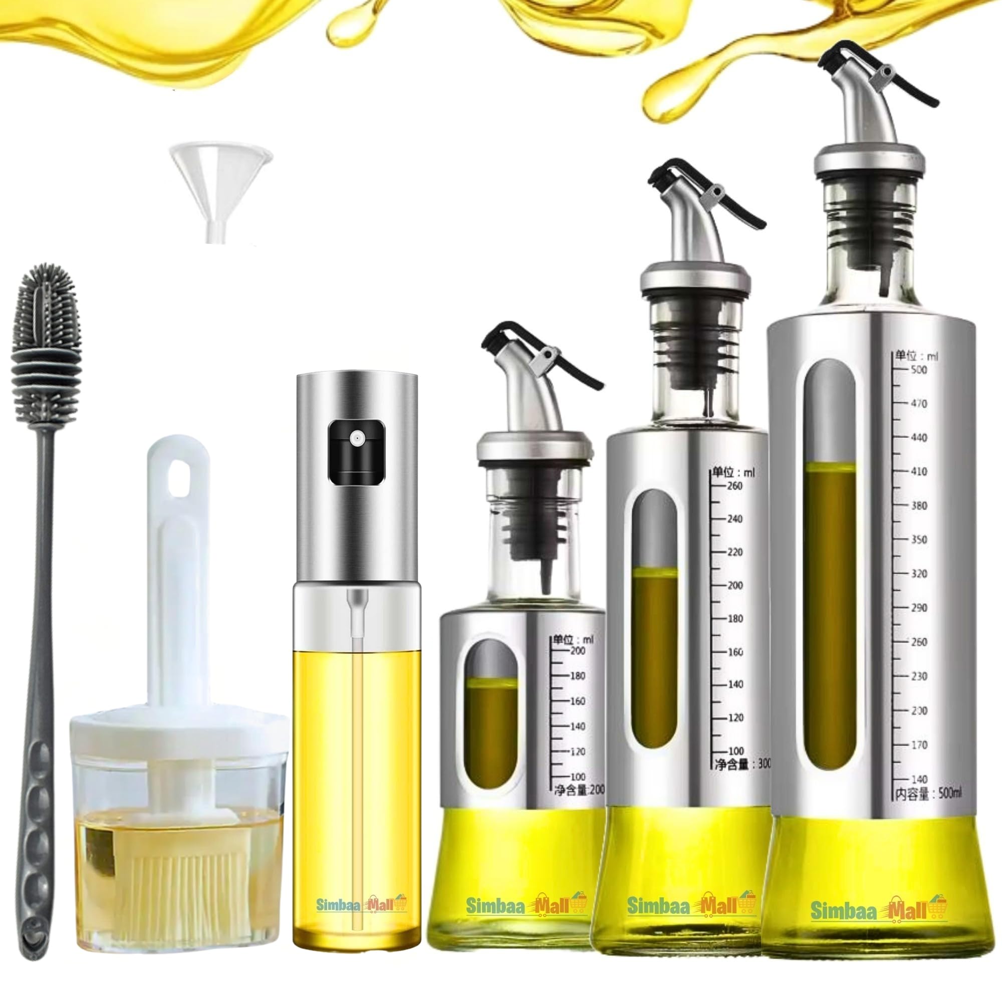 Pack of 7 Oil Bottle Set – Glass Dispenser Bottles with Olive Oil Spray Bottle, Cooking Oil Sprayer for Kitchen, Vinegar, Soy Sauce, Salad, Air Fryer, Refillable Container for زيت