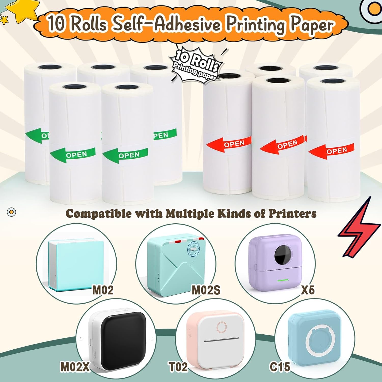 T02 Mini Thermal Sticker Paper,Compatible with Phomemo M02/M02X/M02S Label Printer,5 Rolls Blue Image&5 Rolls Black Image Printing Paper for Photo/Note/DIY/Memo,10 Rolls,53 * 28mm - Image 3