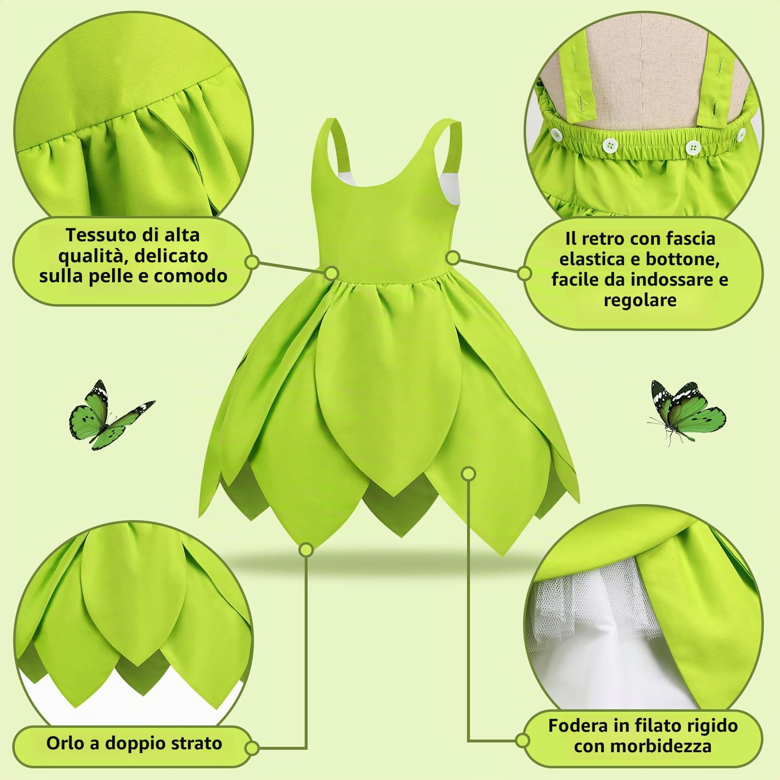 JONRRYIN Trilli Tinkerbell Costume per Bambina,Vestito da Fata con Ali Fata e Accessori Set, Verd Abito delle Ragazze Festa di Carnevale Halloween Compleanno Natale Cerimonie