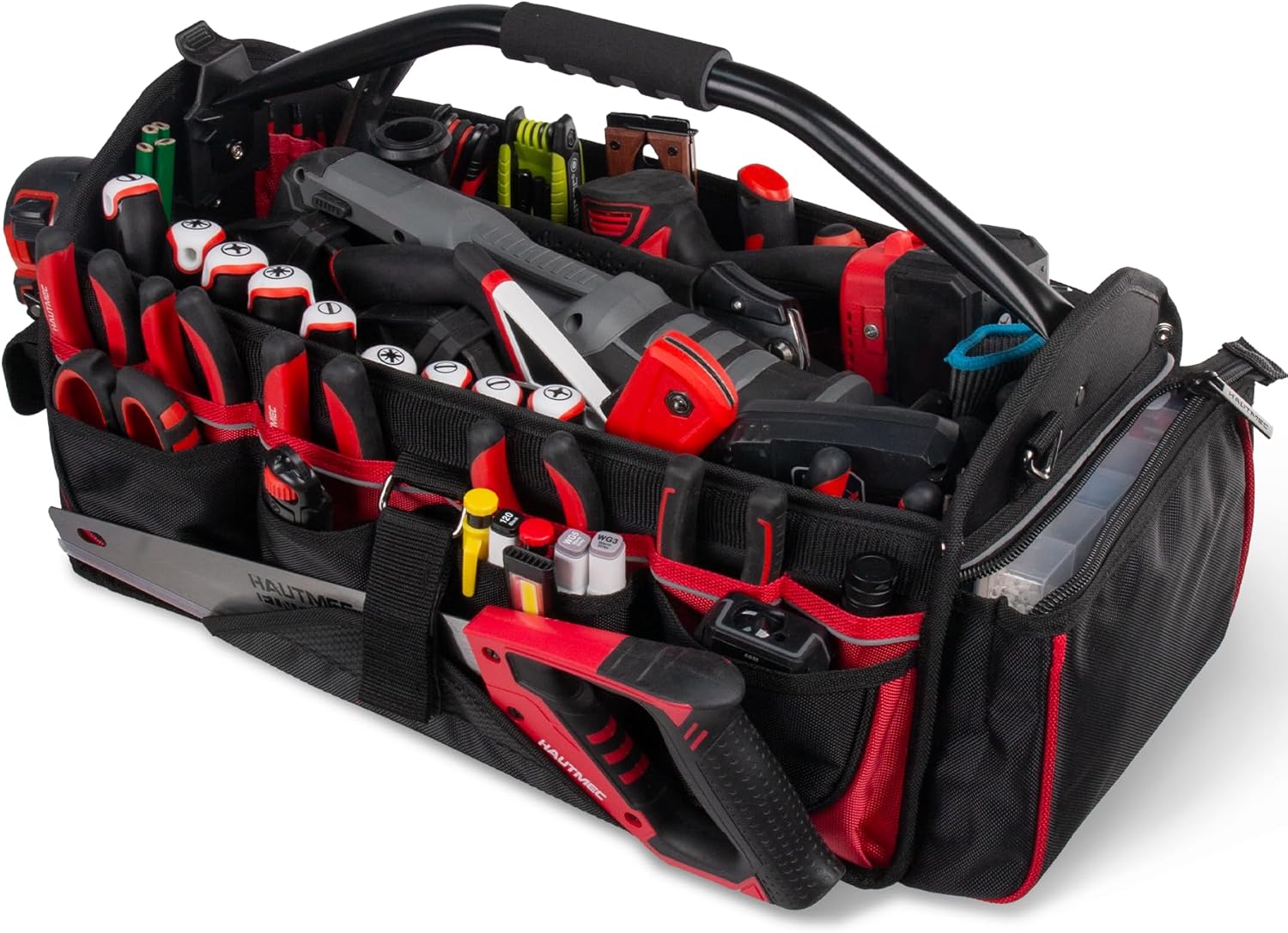 HAUTMEC 18.5" Heavy-Duty Tool Tote, 1680D Open Top Tool Bag with 39-Pockets, Rotating Steel Handle, Padded Shoulder Strap & Water-Resistant Base - HT0178