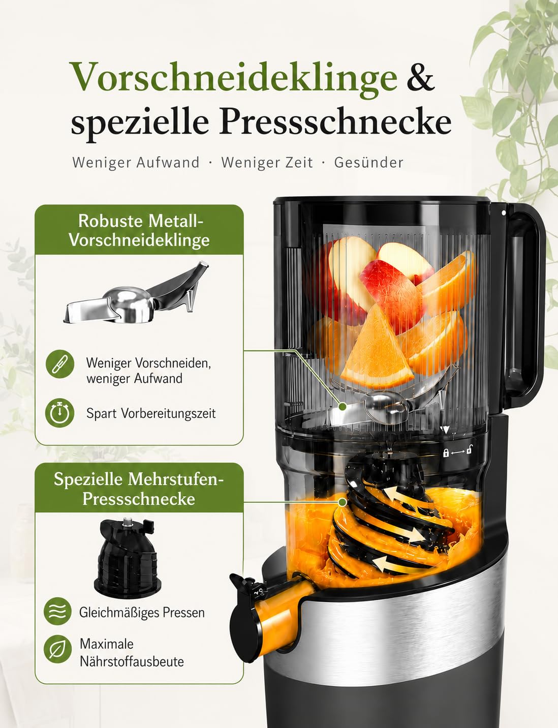 Entsafter Gemüse und Obst Testsieger, Slow Juicer, 130 mm | Hochwertiges BPA-freies Tritan, großer 1,5-L-Einfüllbehälter, hohe Saftausbeute und mühelose Reinigung