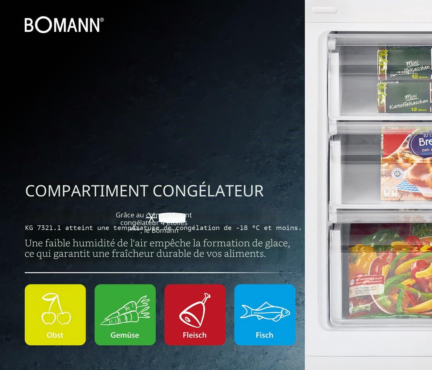 Bomann Réfrigérateur et congélateur 269L blanc KG184-1-inox/blanc, Capacité nette : 269 litres, Contrôle de la température en continu, Charnières de porte à droite, interchangeables