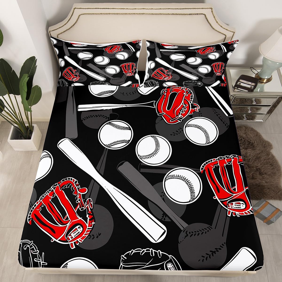 Erosebridal Baseball-Bettlaken King Size Softball Bettlaken Set Sportschläger für Kinder Jungen Teens Herren Ballspiel Spannbetttuch Rot und Schwarz Bettwäsche Set Bettlaken 4-teilig Bettlaken