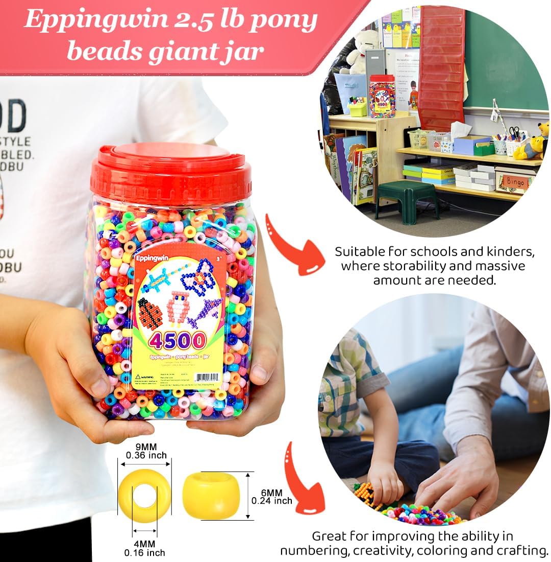 Eppingwin 4500pcs Wholesale Large Pony Beads (6x9 mm) Bucket, Easy Storage Kandi Bead Bulk, Beads for Jewelry Making Crafts (Multi-Colored,2 Pack)