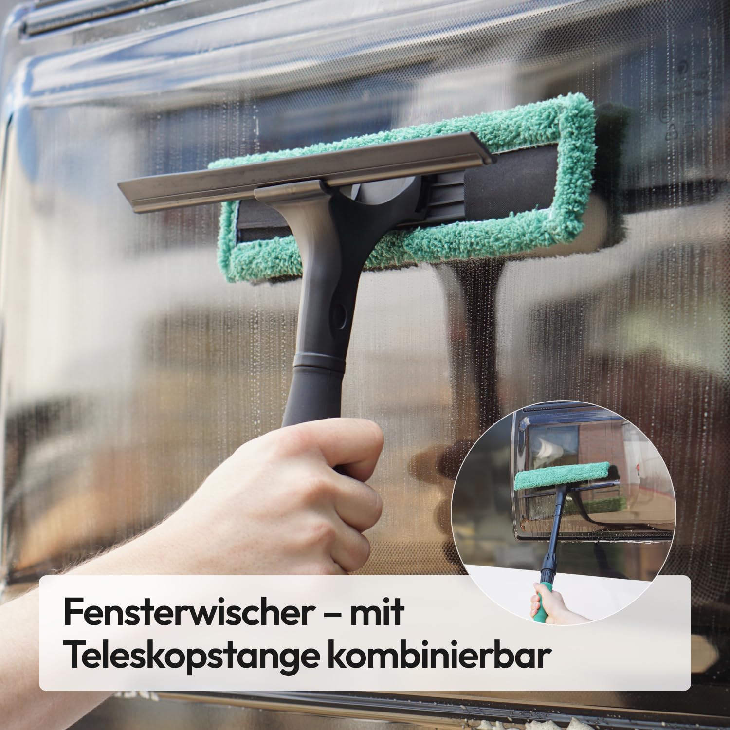 Premium Camper & Auto Reinigungsset - 7-teiliges Caravan- und Autopflege Set für außen inkl. Teleskopbürste, Waschbürstenüberzug, Felgenbürste, Schwamm, Microfasertuch, Wischer & Tasche