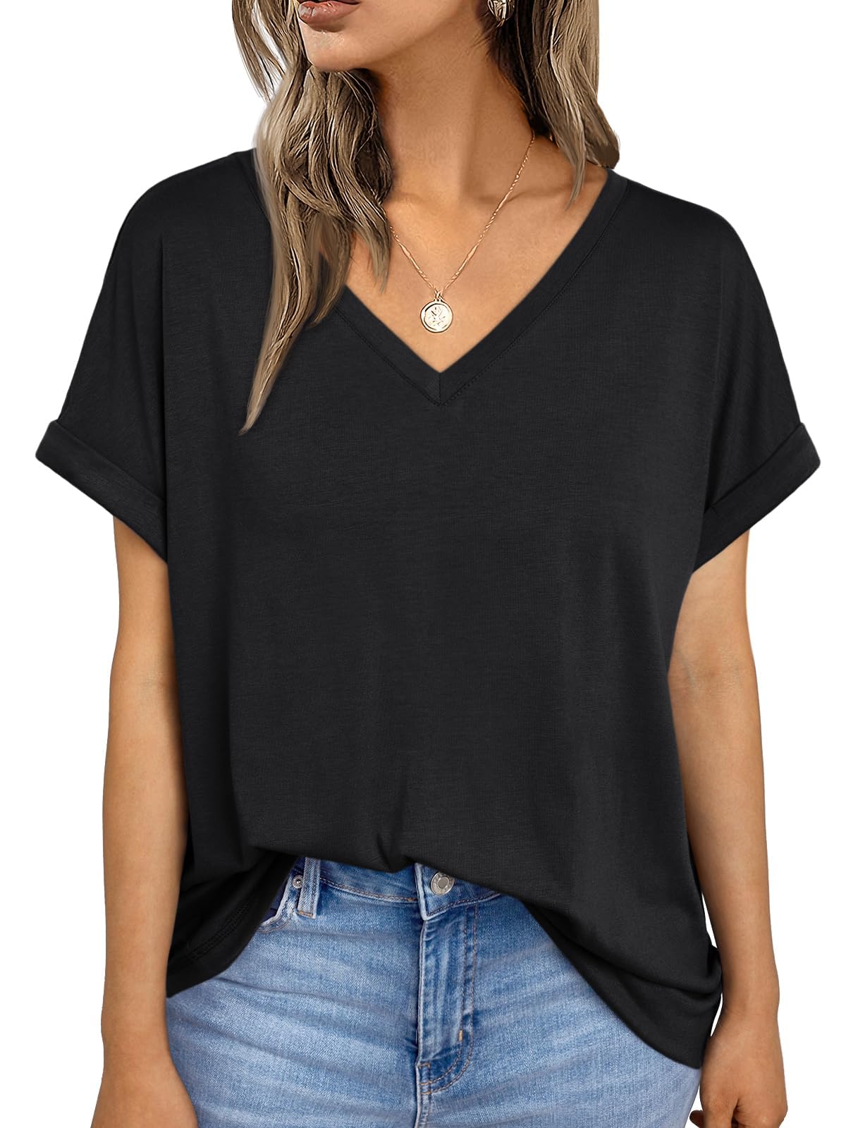 AirMood Damen-T-Shirt, lockere Passform, kurzärmelig, lässig, V-Ausschnitt, Sommer-Top