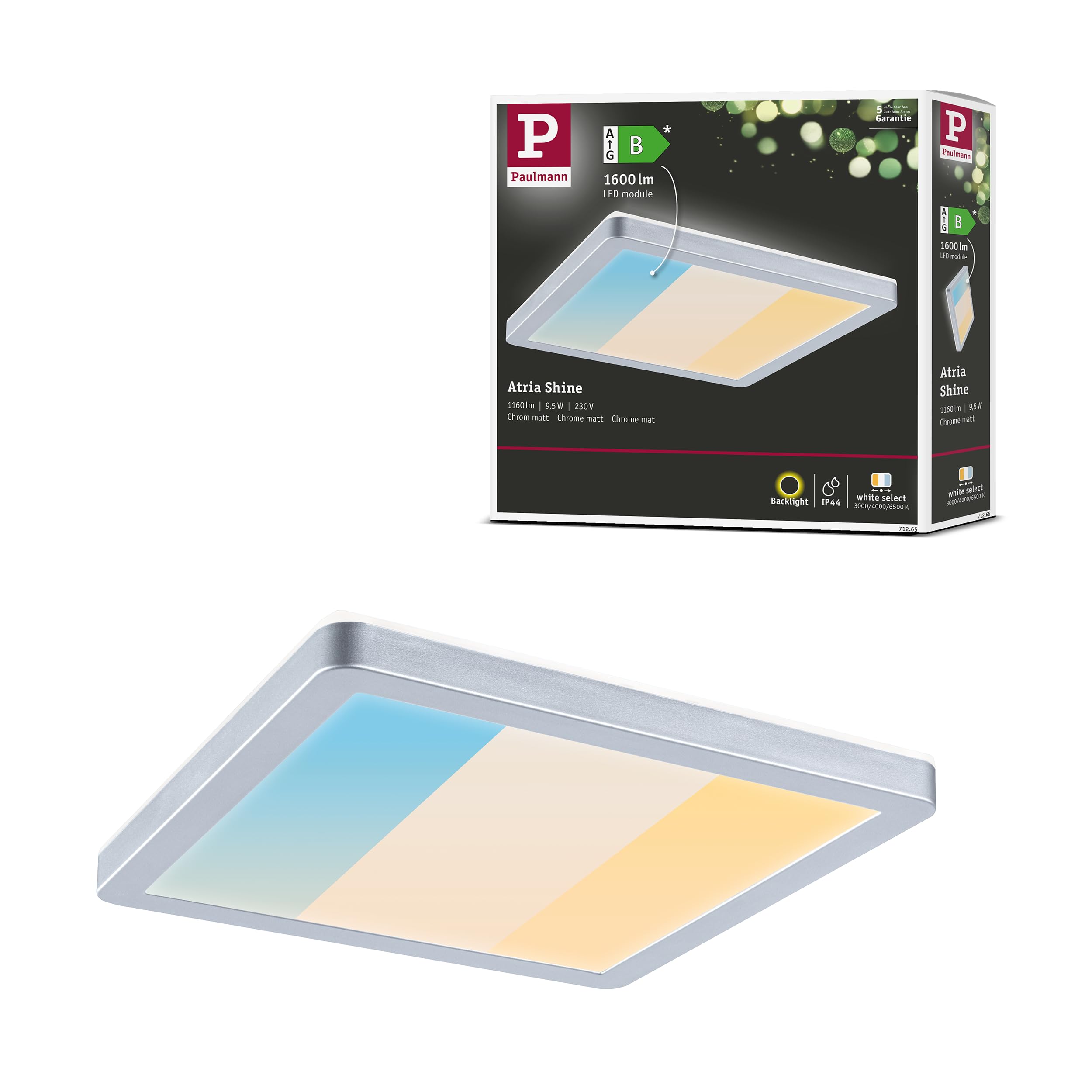 Paulmann 71265 LED Panel Atria Shine IP44 Angular 190x190 mm 8W 1160lm 3000-6500K Chrome matt