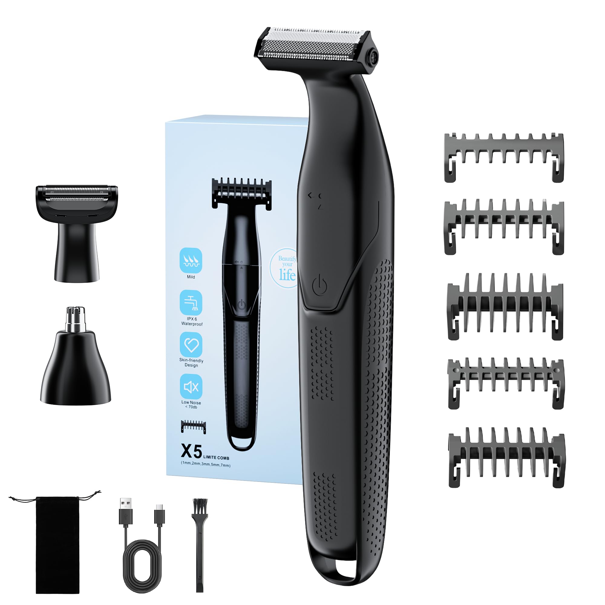 Cortapelos Corporal 3 en 1 para Hombres, Afeitadora Eléctrica Recargable para Partes Íntimas, Barba, Espalda, Vello Púbico, Corta Pelos Nasal Indoloro, Impermeable, con 5 Peines Límite