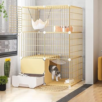 Large Indoor Cat Cages with Litter Tray, Wire Cat Cage, Foldable Cat Cage, Portable Guinea Pig Cage with Resin Pied Pad,Yellow-c-75 * 49 * 109cm