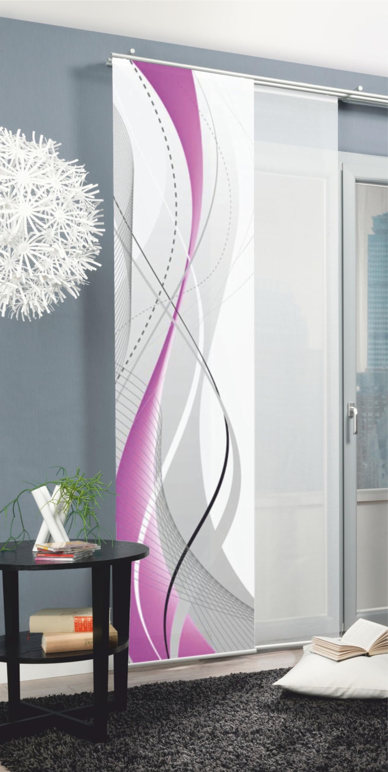 Home Fashion 87152 Carlisle - Panel japonés con impresión Digital (con rieles y sujeciones, 245 x 60 cm), poliéster, Morado, 245 x 60 cm