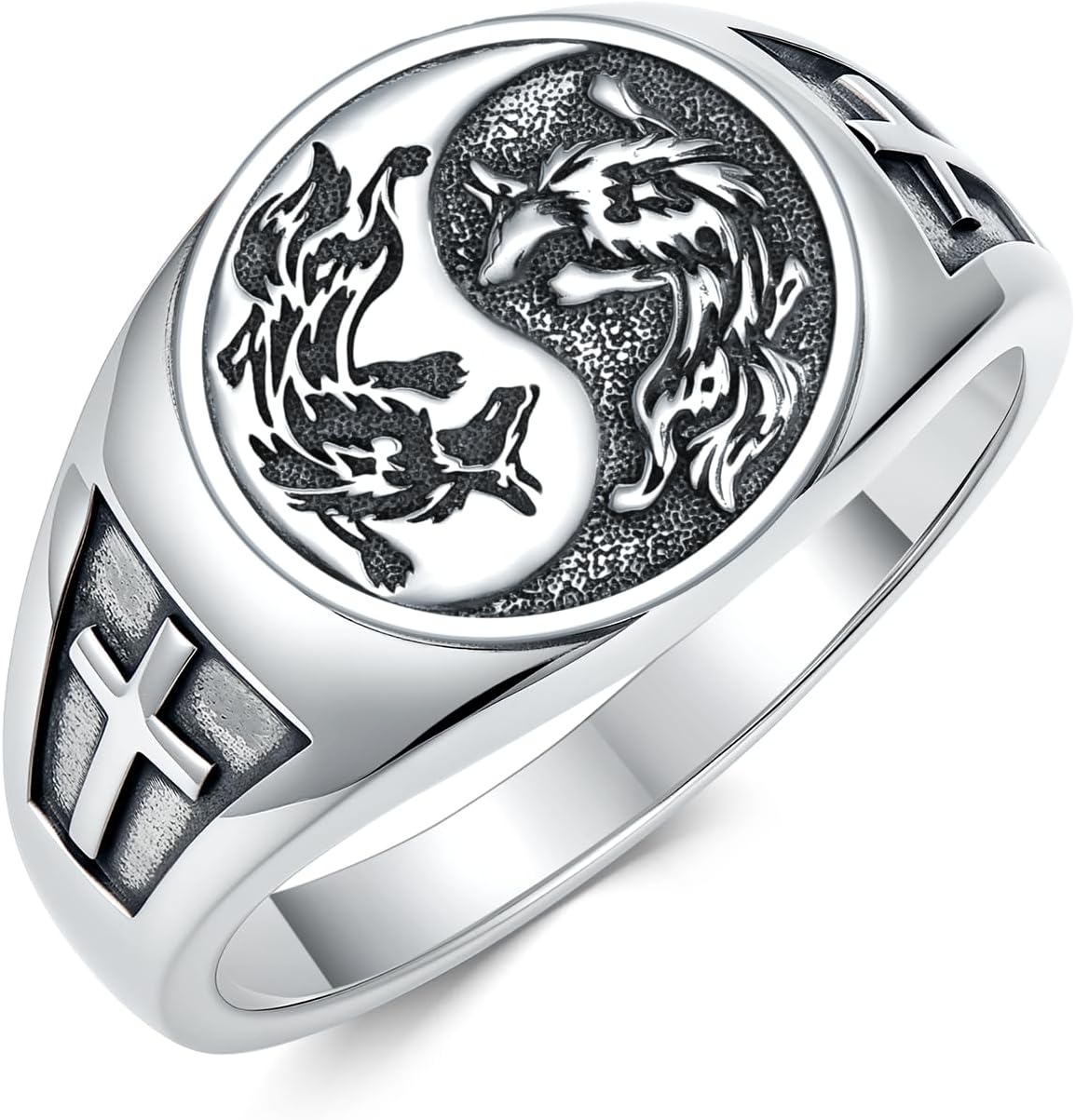Wolf Ring 925 Sterling Silver Yin Yang Ring Witcher Medallion Cross Rings for Men Viking Wolf Jewelry Christmas Birthday Gifts Unisex