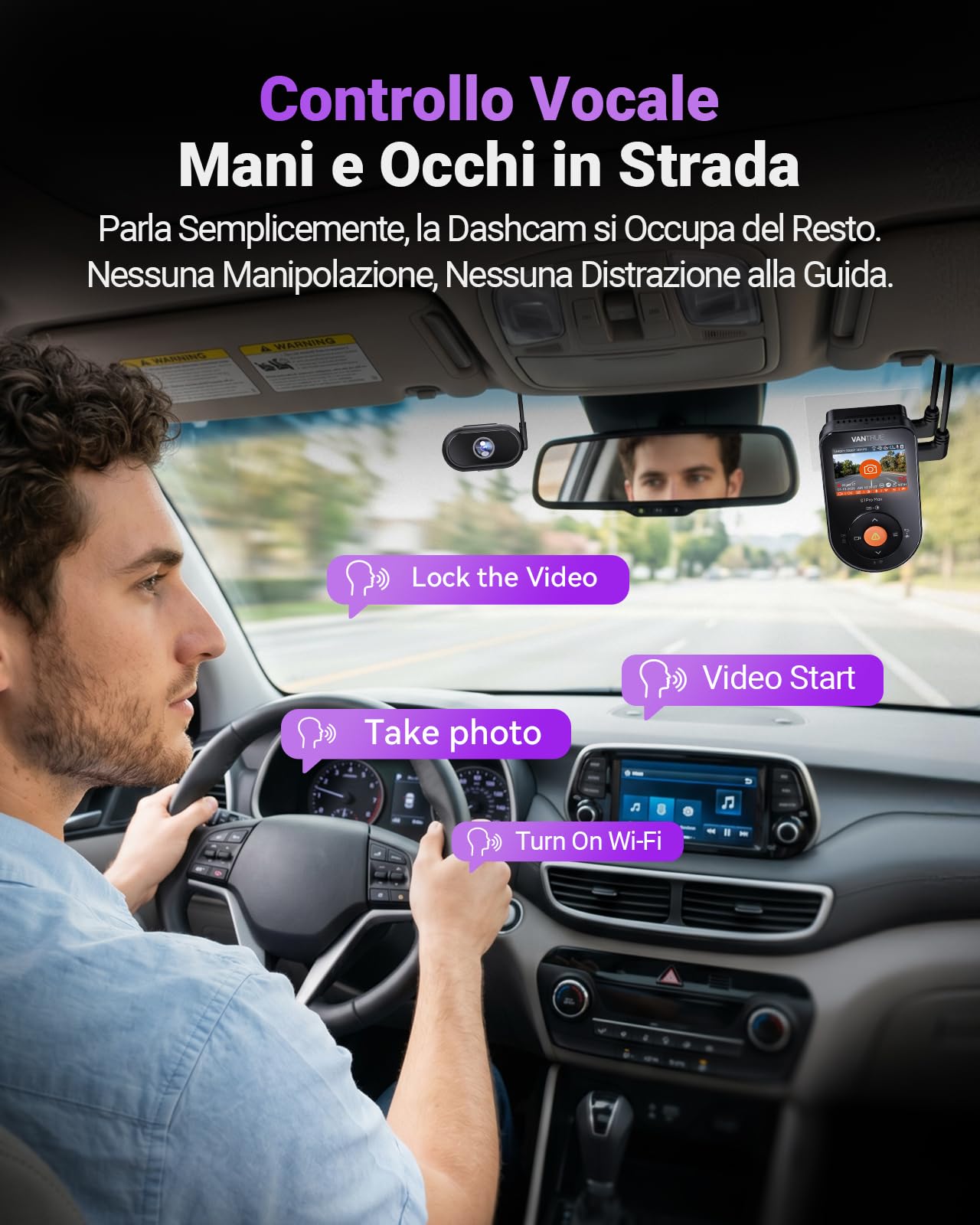 VANTRUE S1 Pro DMS Dashcam con ADAS per Taxi, Telecamera Auto Fronte e Interno 2.7K con Avviso Collisione e Rilevamento Stanchezza, Visione Notturna STARVIS 2, WiFi 5GHz, Conforme al RGPD